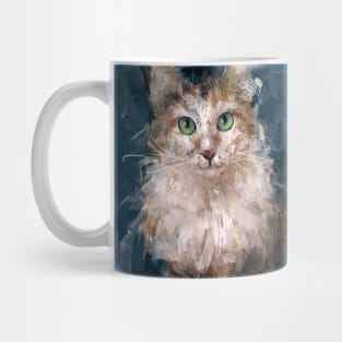 A Grungy Painting of a White and Brown Cat Mug